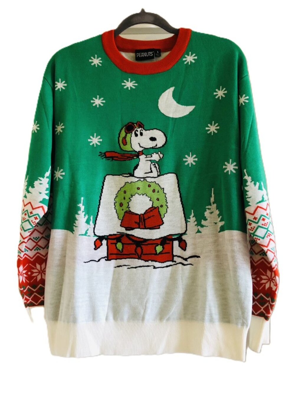 Peanuts Snoopy Christmas Sweater Mens L Flying Ace Doghouse Wreath Holiday Knit